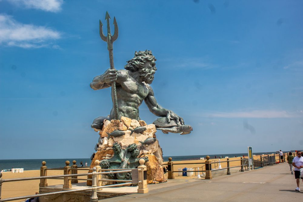 King Neptune sculpture on Virginia Beach - best family beach vacations in October