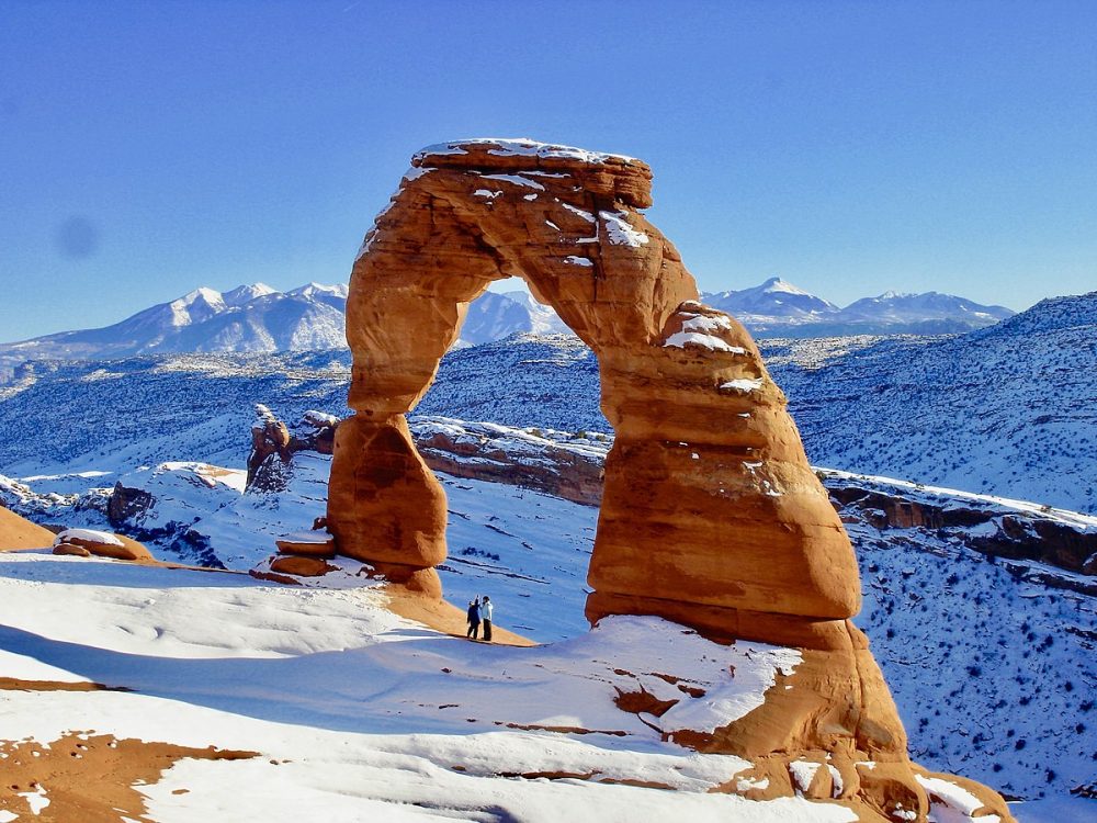Delicate Arch at Arches National Park in the winter snow.