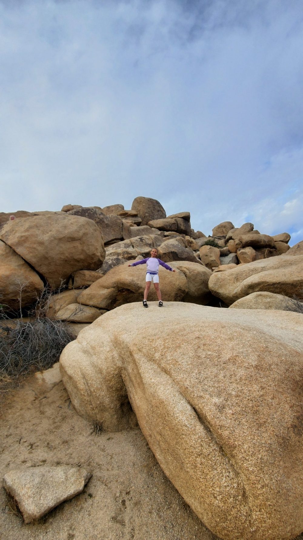 Photo of girl standing on top of large rocks at Joshua Tree National Park