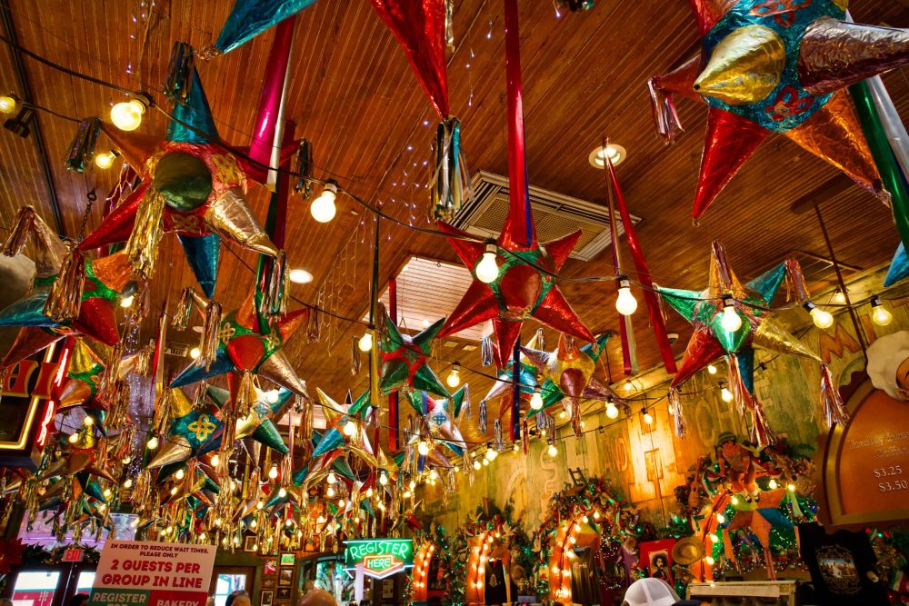 Historic Market in San Antonio- Golden wood with tons of multi-colored shimmering stars hanging from the ceiling