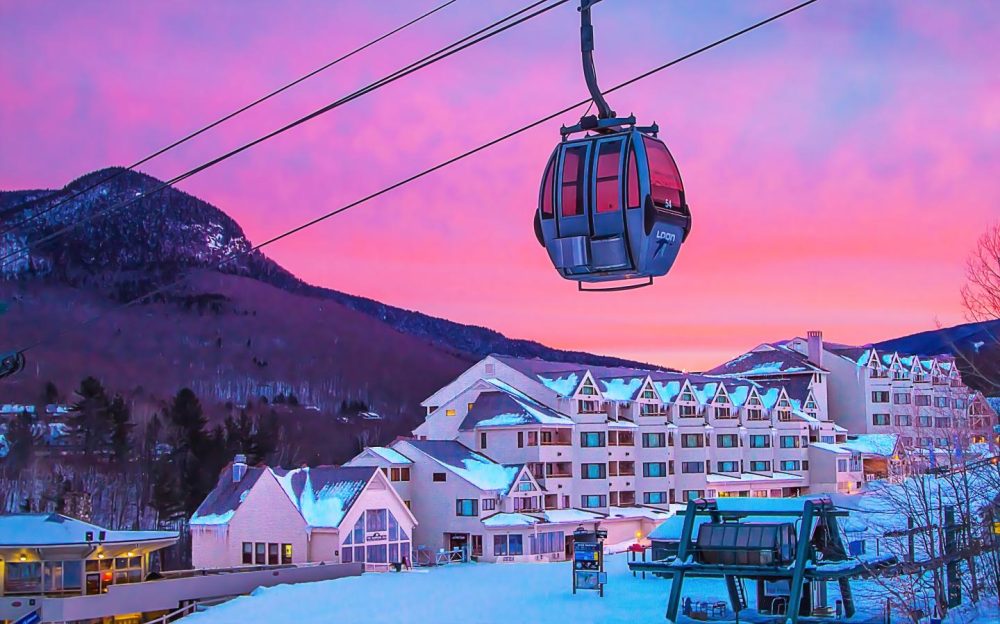 Loon Mountain's gondola in the sunset.