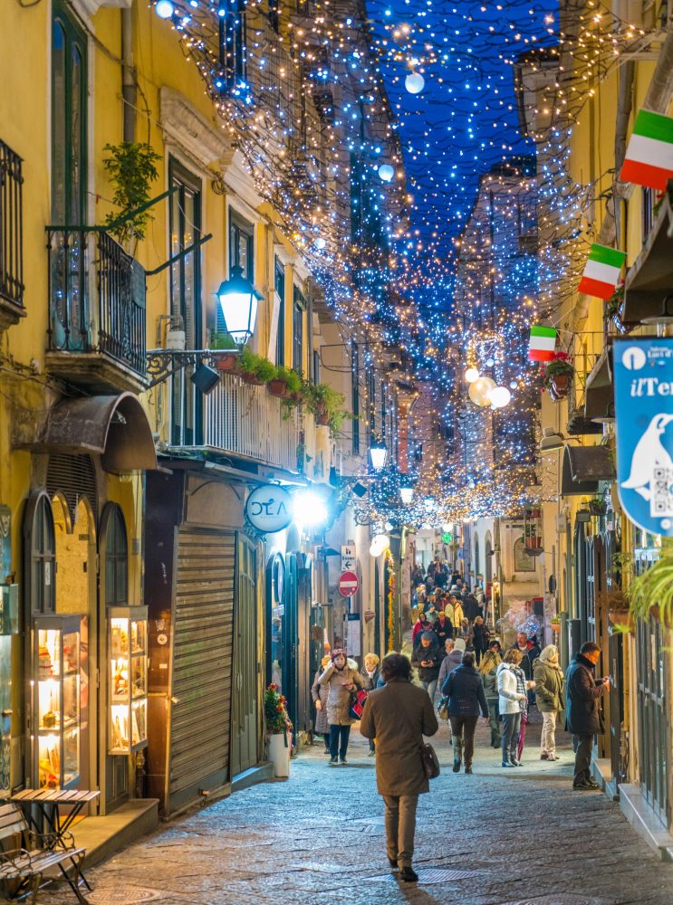 Turin, Italy lights up the nighttime alleyways with sparkling lights connecting the buildings.