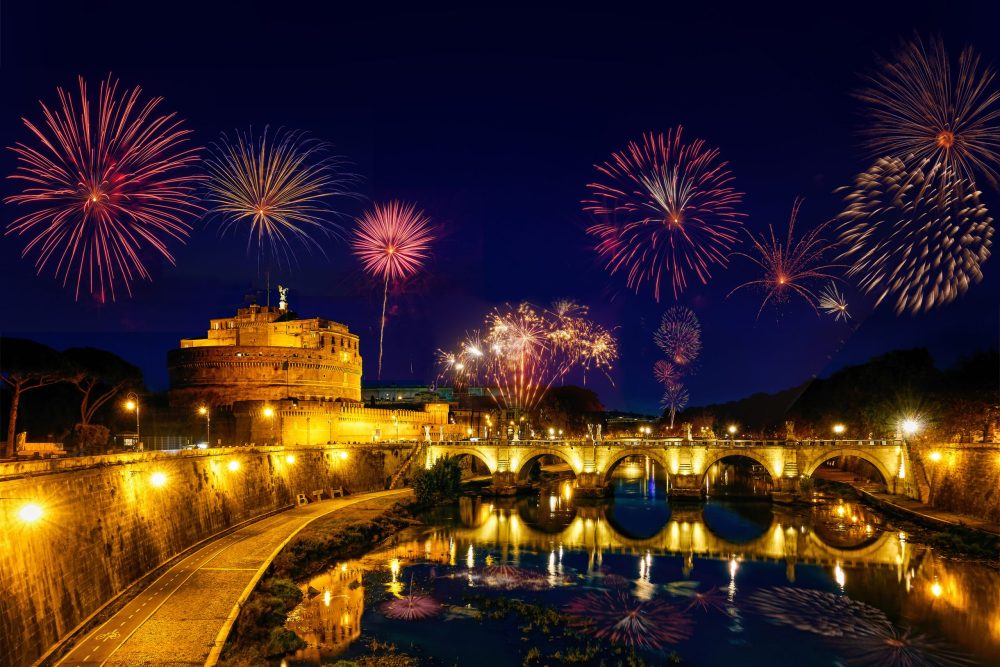Fireworks in Rome over a golden bridge.