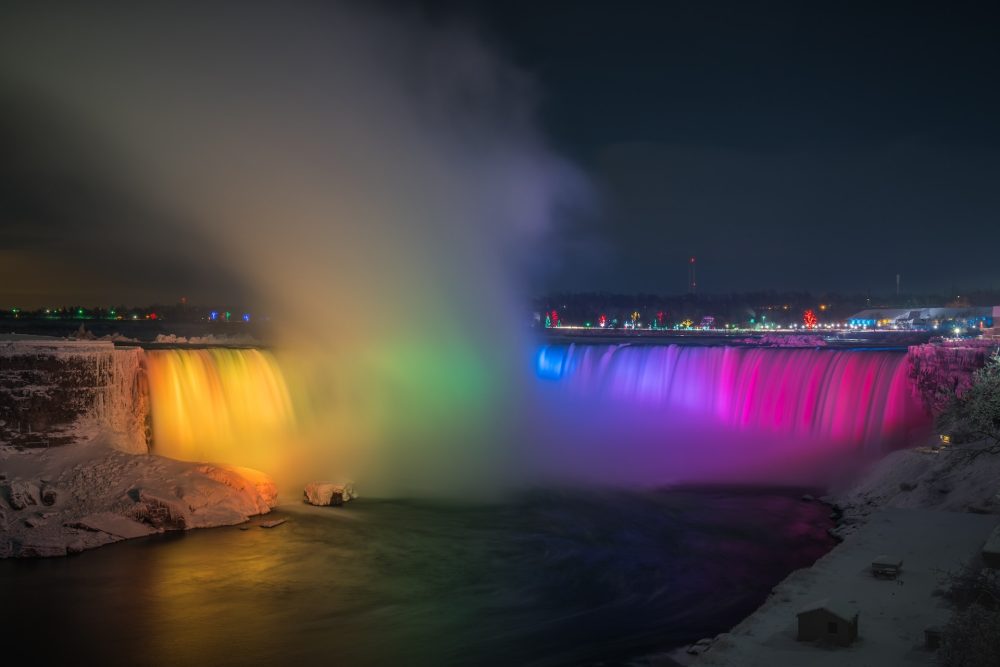 Niagara falls lit up at night - Niagara Falls in winter