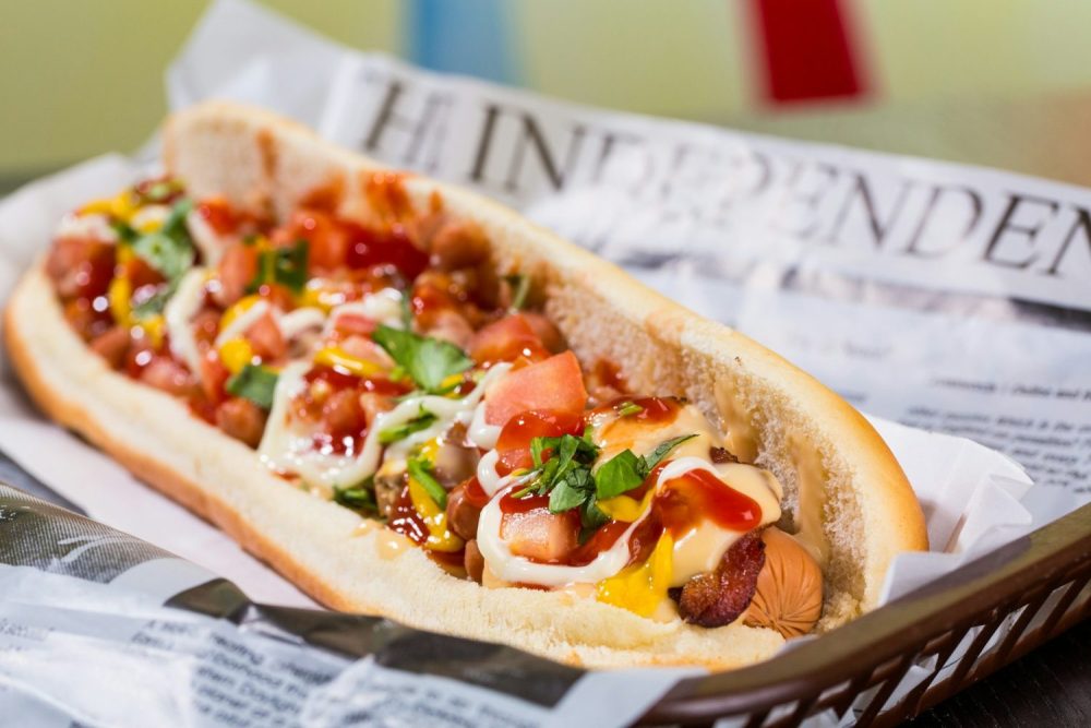 Loaded gourmet hot dog. Las Vegas family restaurants.