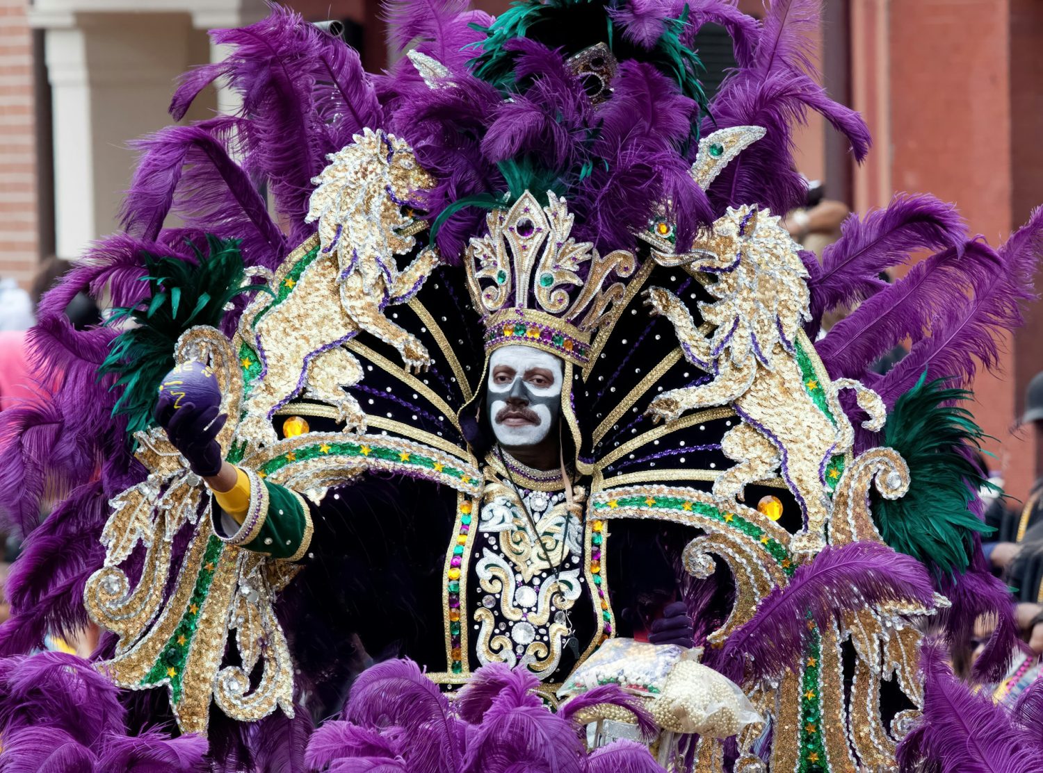 Elaborate Mardi Gras parade costume. Things to do in New Orleans. 