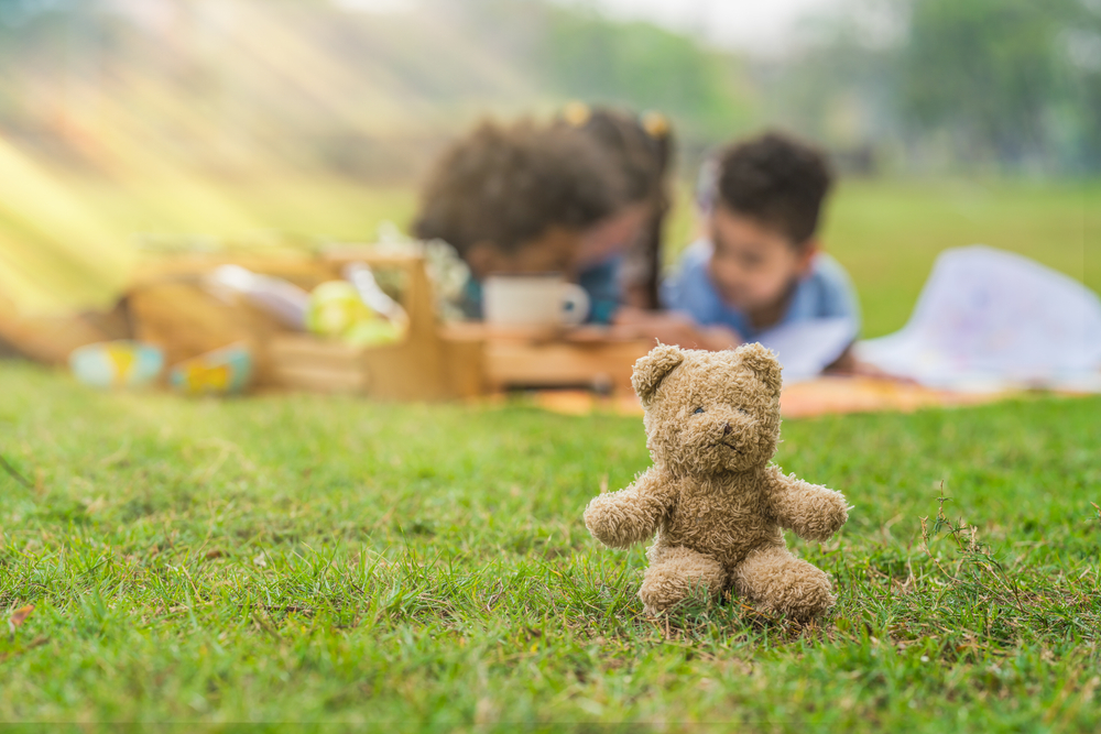teddy bear and kids at a picnic