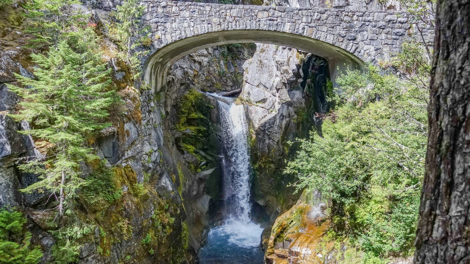 Bridge and waterfall at Mt. Rainier. national parks in the United States.