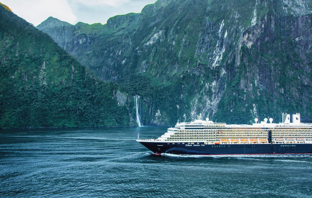 cruise ship by mountains