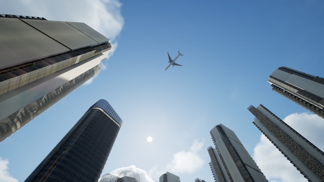 plane above buildings