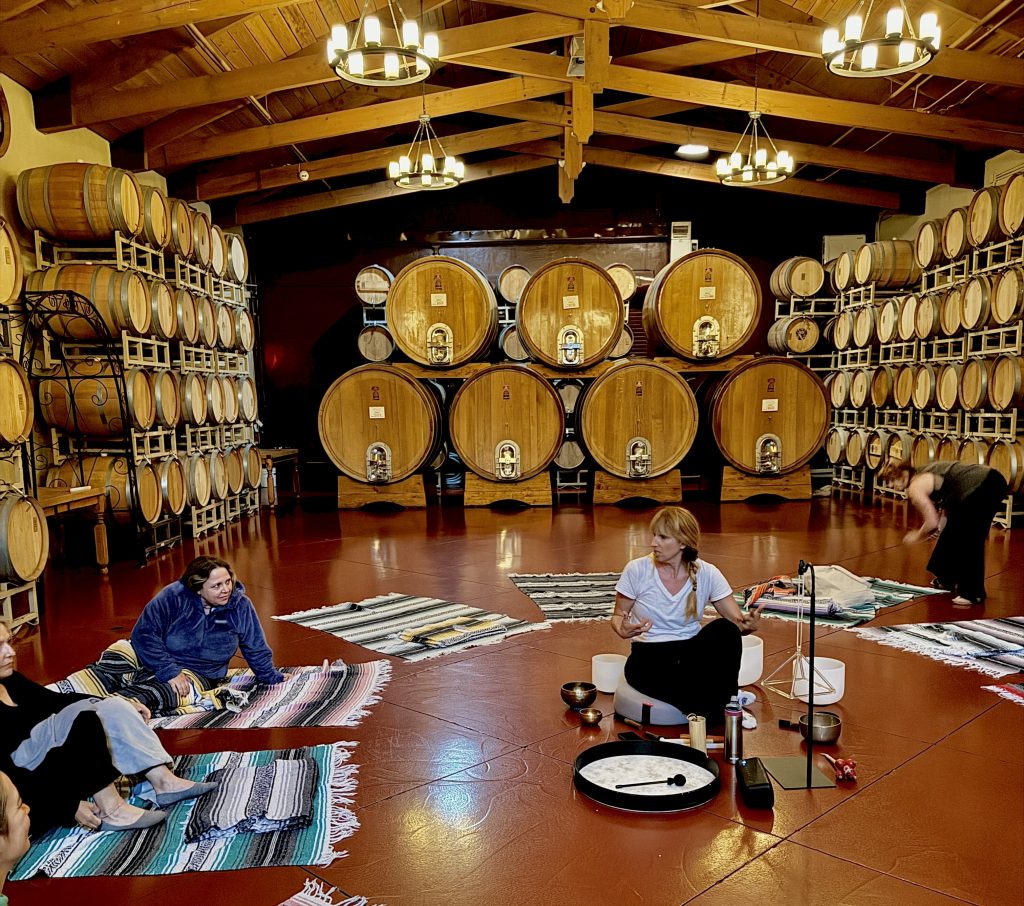 a sound bath experience in a barrel room in Temecula Valley