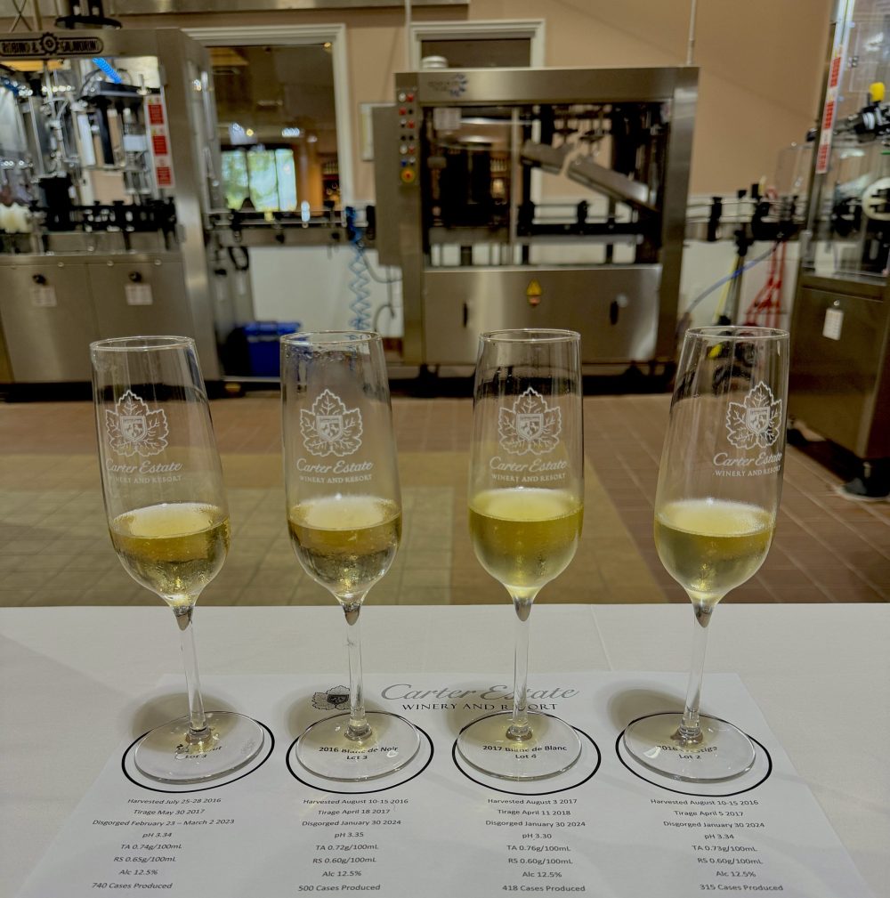 four champagne glasses in a tasting room at Temecula Wine Country