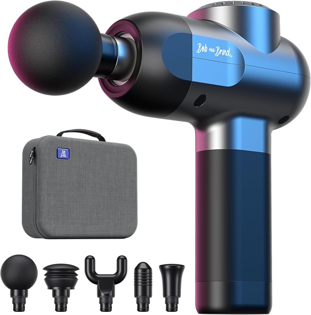 blue massage gun with case and attachments