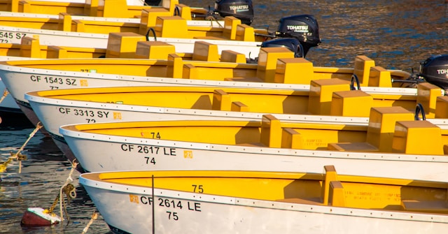 a line of boats with yellow interiors