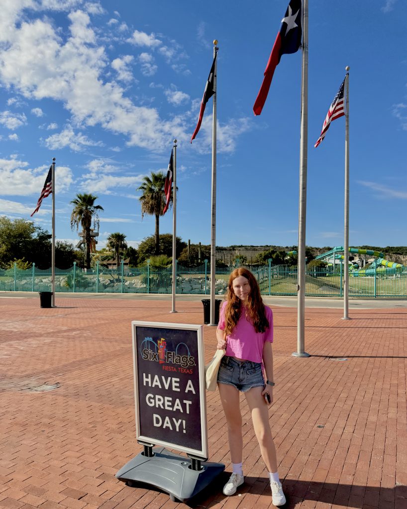 Girl waiting to go to Six Flags Fiesta Texas