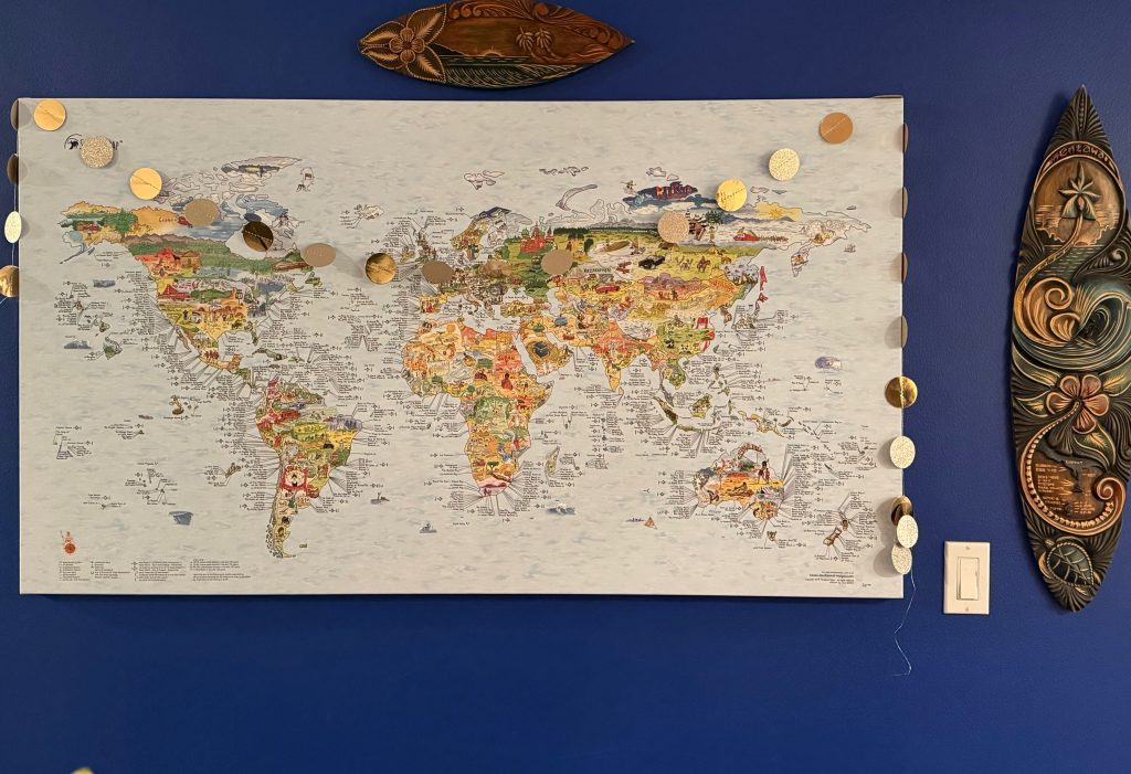 map with mini surf boards on top and to right