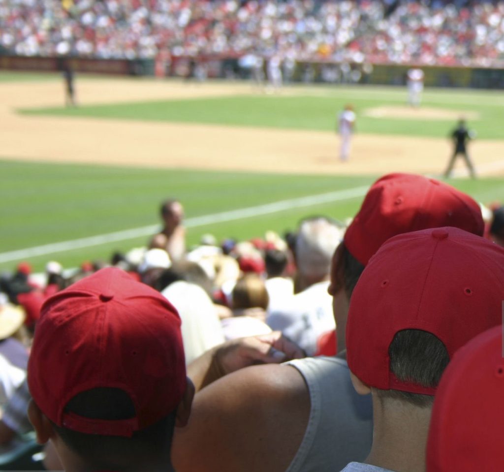 Family watching a baseball game. 