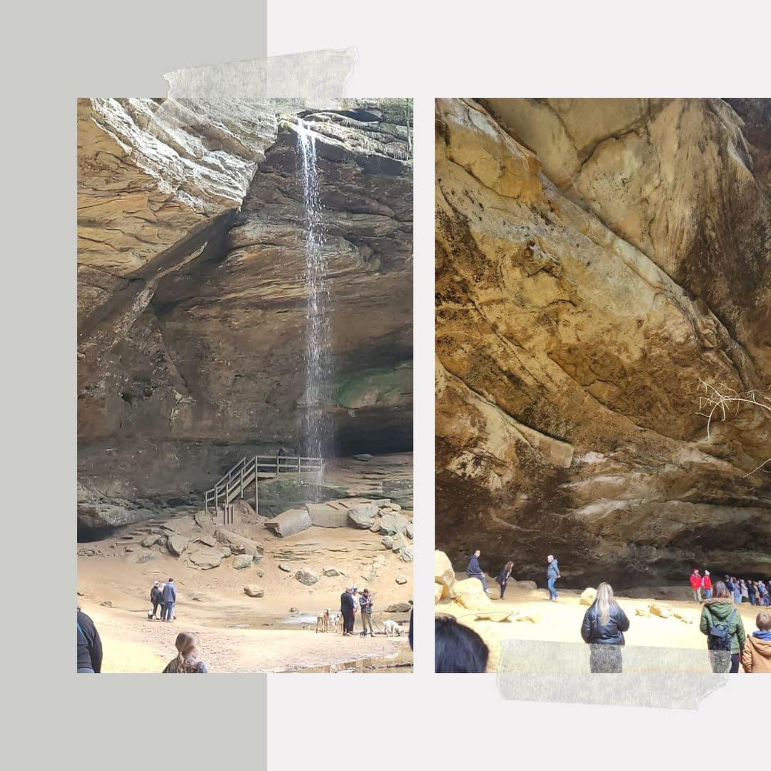 Picture of waterfall on the right and group of people on the left at Ash Cave. Hocking Hills Romantic Getaways. 
