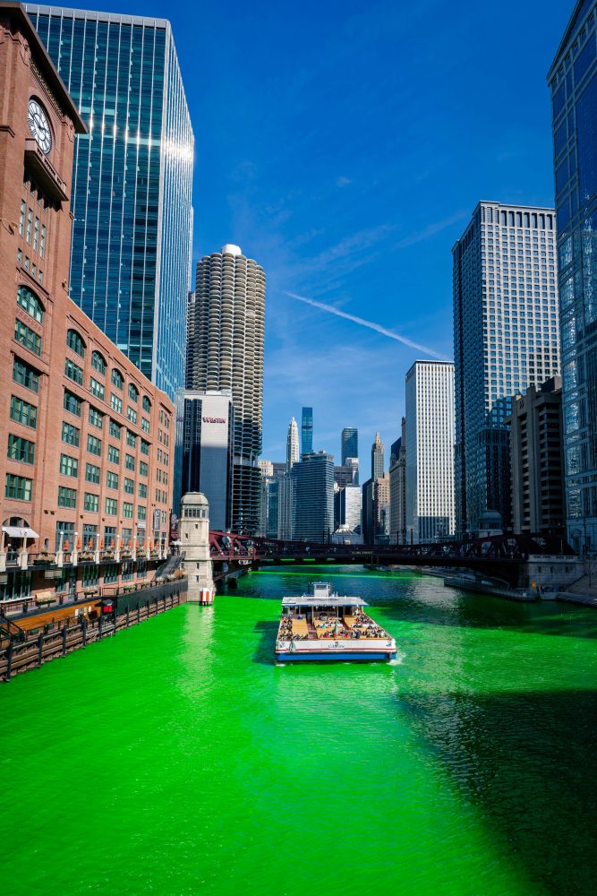 The Chicago River is dyed green for St. Patty's Day.