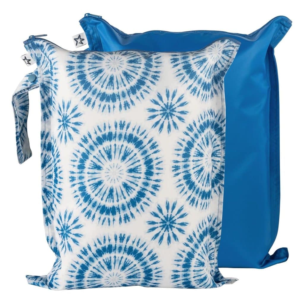 two blue bags in pouches