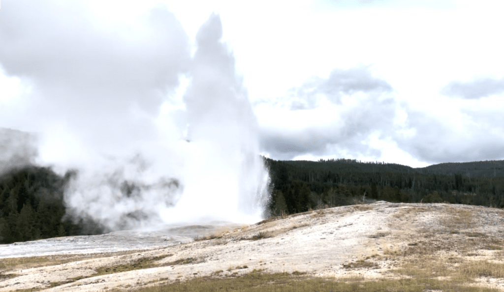 Old Faithful erupting with steam around