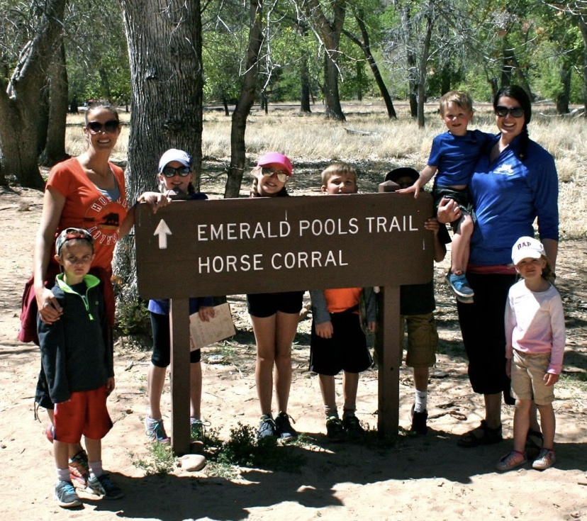 Group of kids and moms starting off on the Emerald Pools hike.
