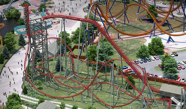 aerial view of Siren's Curse, the newest roller coaster at Ceder POint