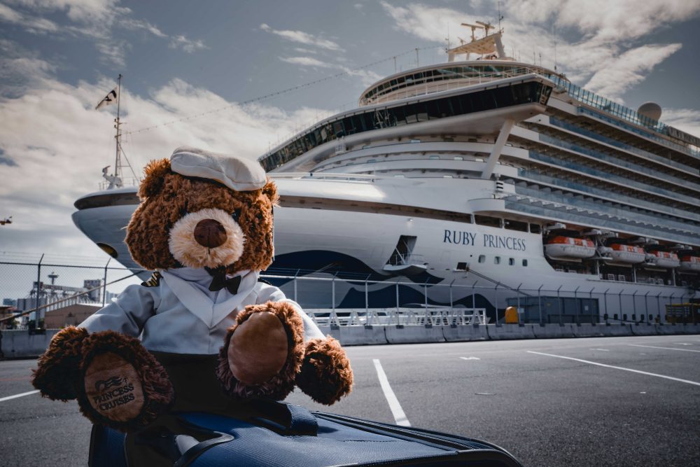 teddy bear in foreground with cruise ship in back