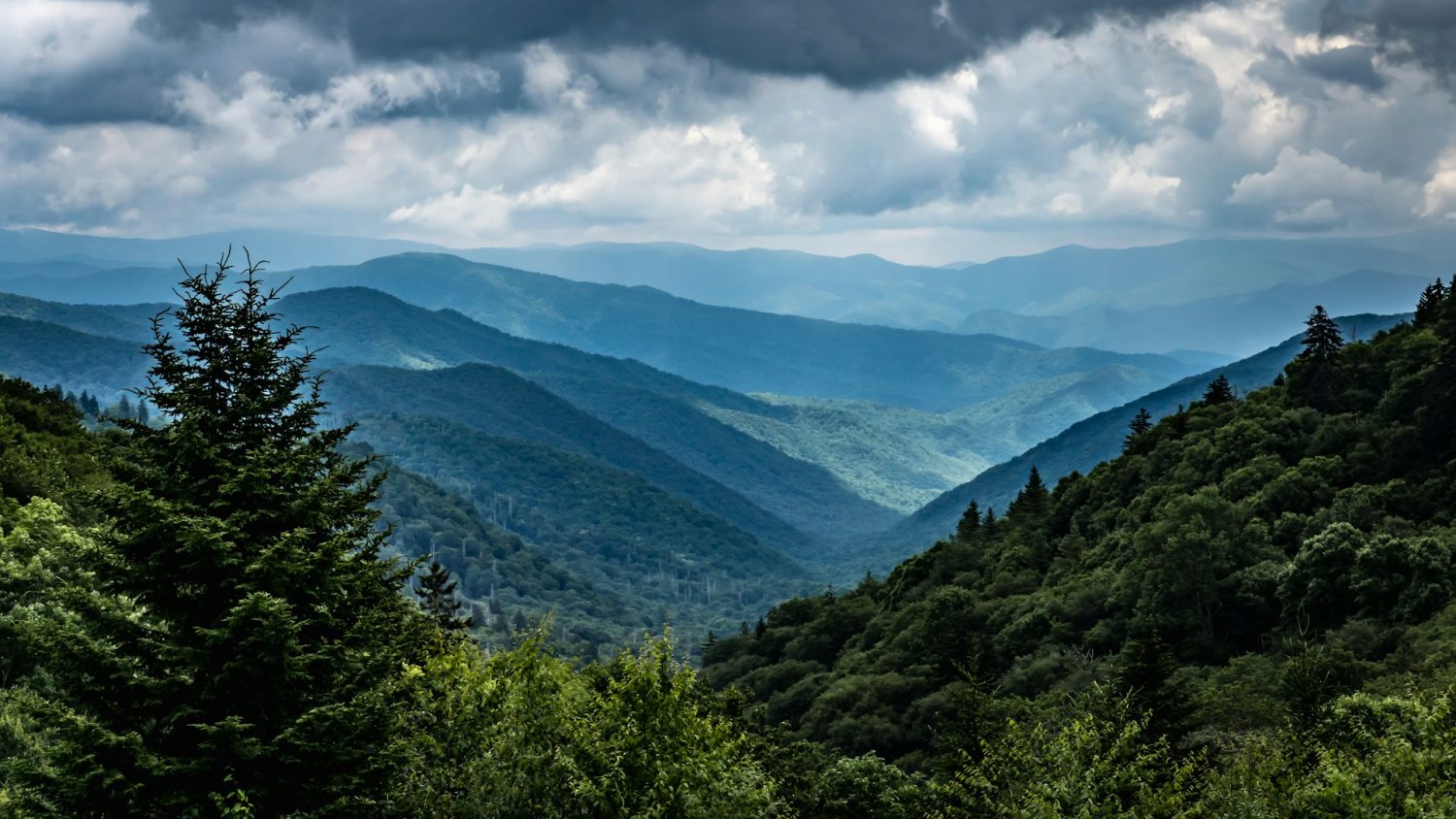 Views of blue skies and mountain peaks in Great Smoky Mountain National Park. Things to do in Pigeon Forge with kids.