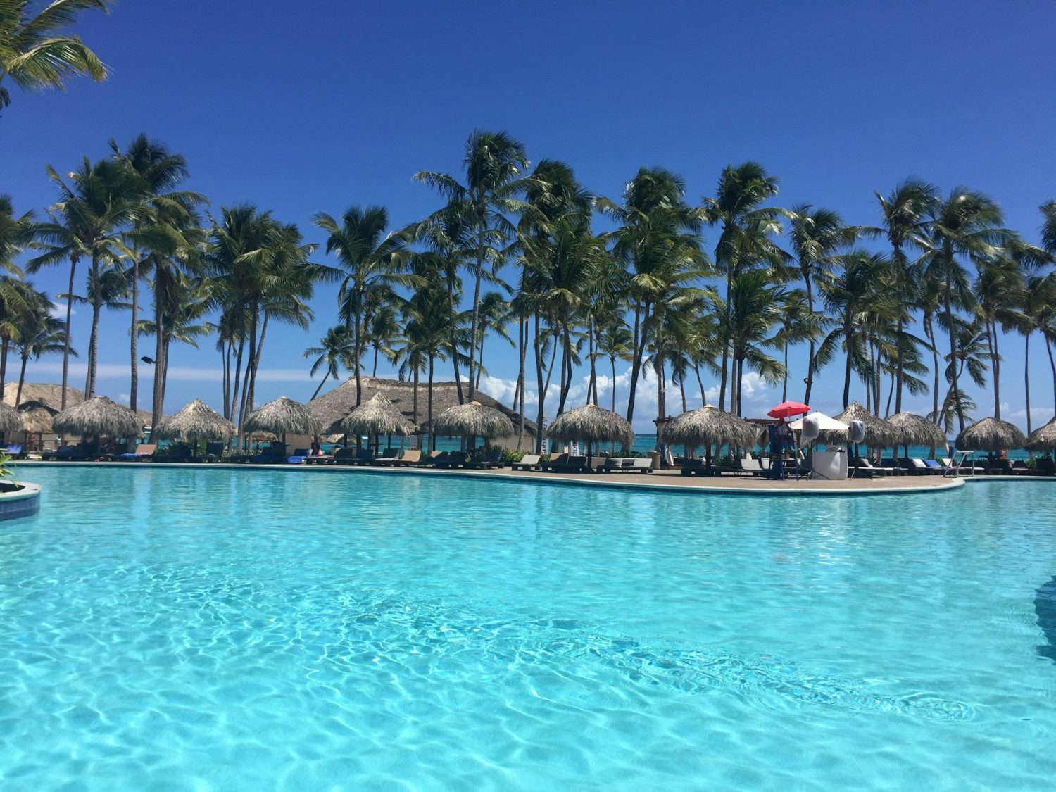 Beautiful resort pool surrounded by palm trees, with views of the ocean in the distance. Best baby-friendly Caribbean resorts.