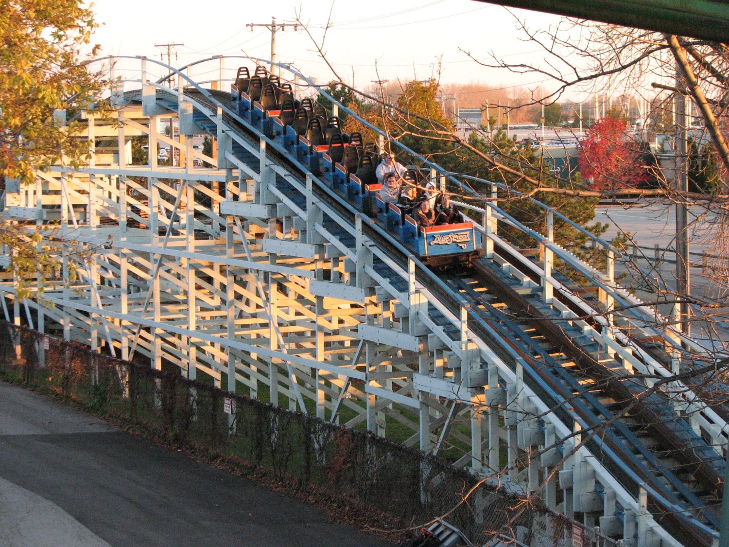 Photo of people riding the Blue Streak roller coaster. Cedar Point best rides. 