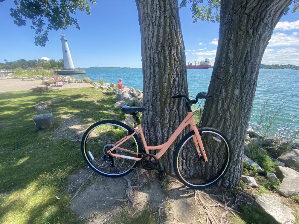 peach Batch bike on Detroit Riverwalk
