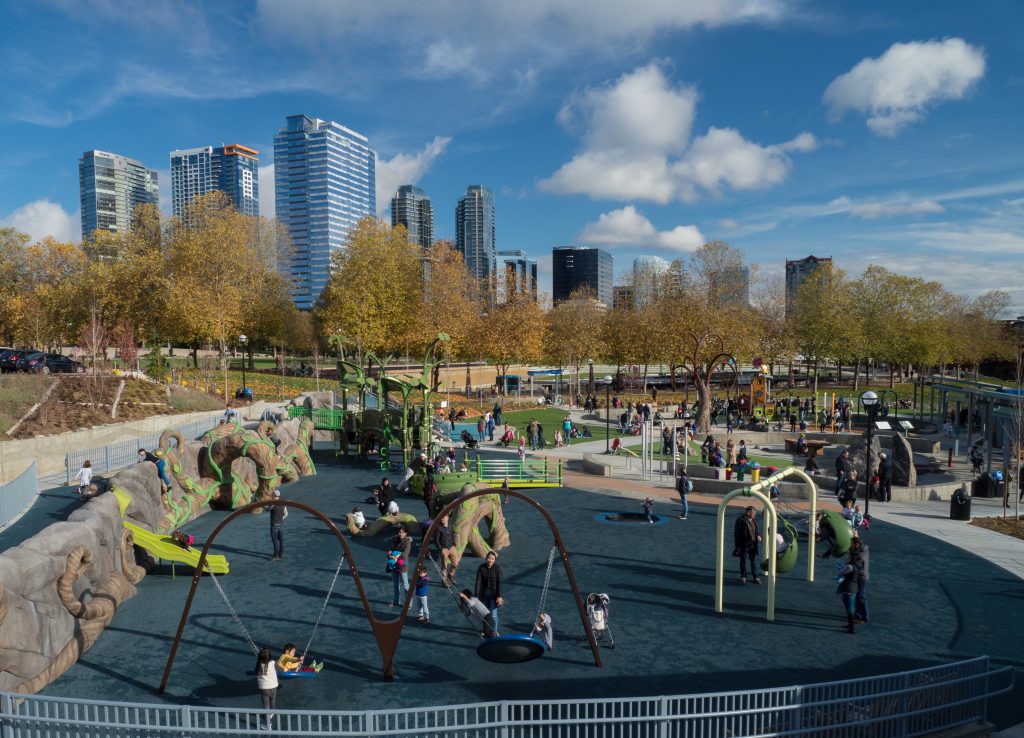 playground with downtown Bellevue in background