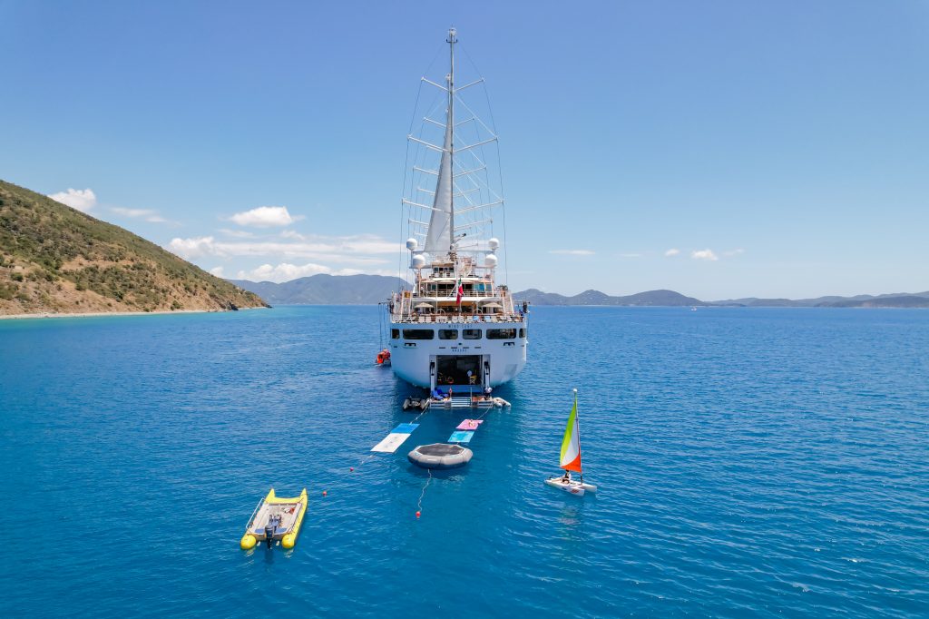 ship on water with water toys