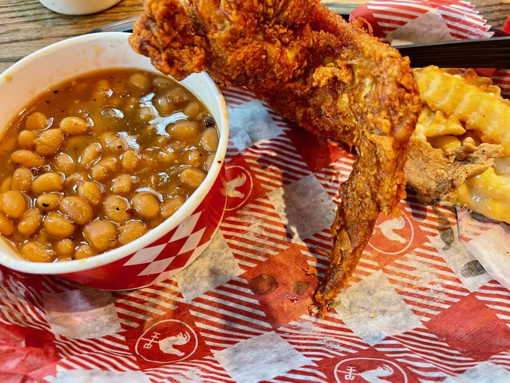 chicken, fries and baked beans