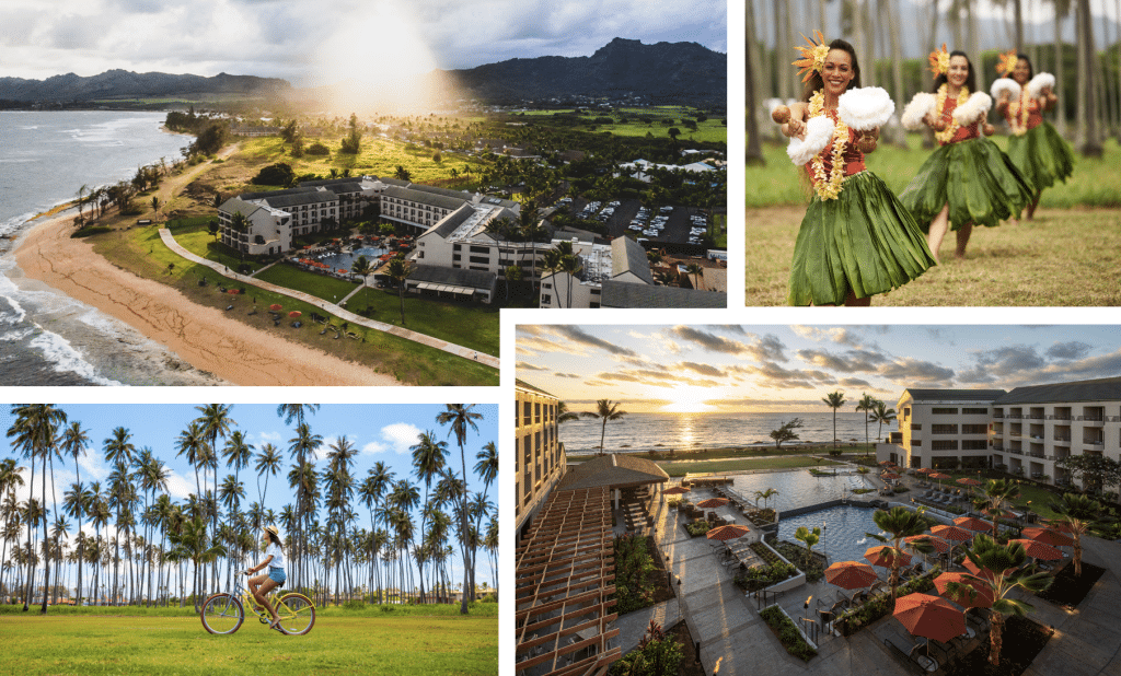 four photo collage: aerial of hotel, luau, girl riding bike by palm trees, aerial of beach
