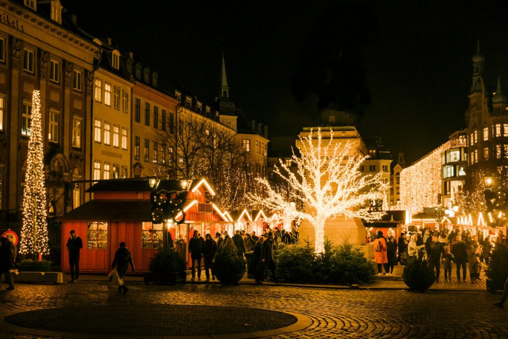 twinkle lights on trees at xmas market