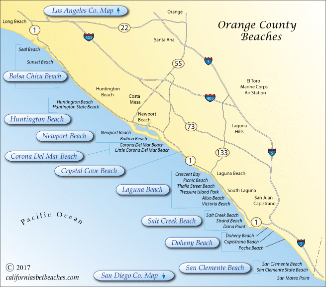 Map of the many beaches in Orange County. 
