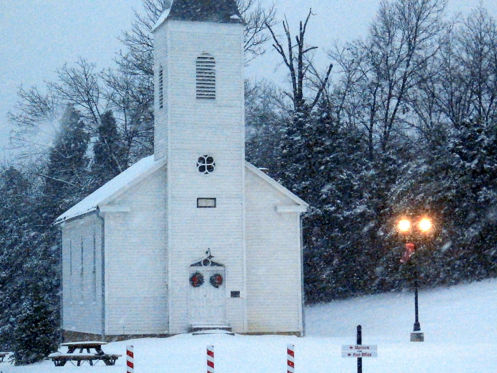 beautiful 1850 church at the Santa Claus Museum and Village