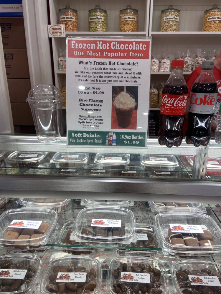 Santa's Candy Castle is famous for their frozen hot chocolate.