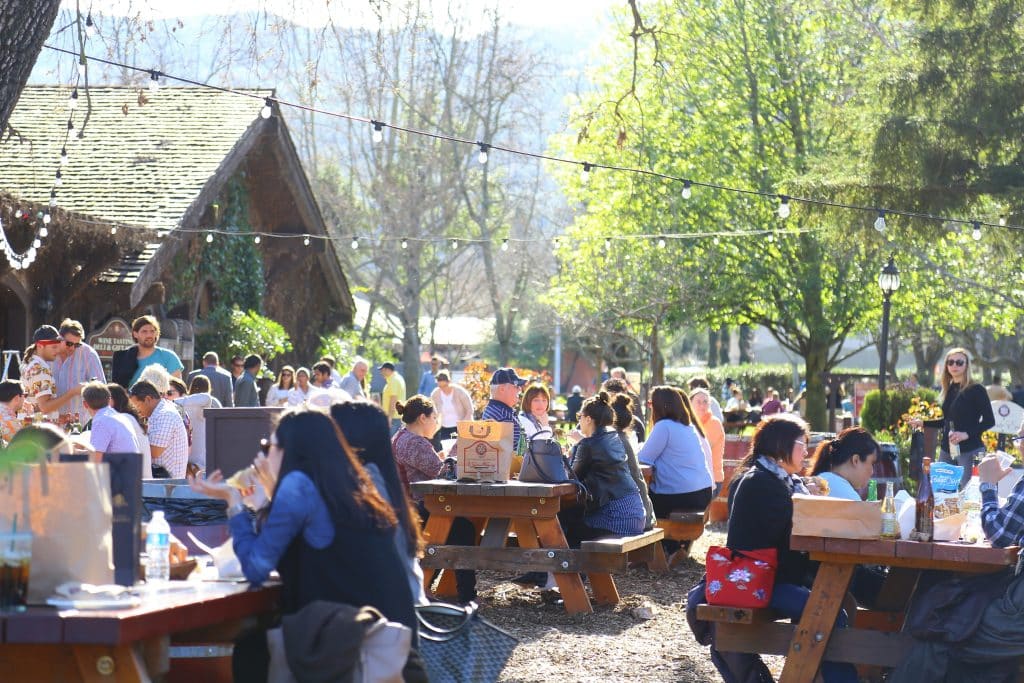People enjoying food at picnic tables.