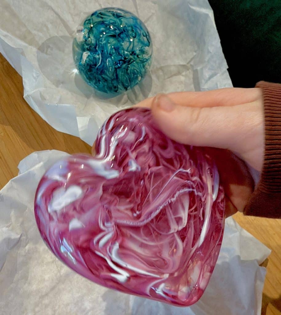 We made two glass paperweights at Barrio Glassworks; a heart shape and a globe shape. Gorgeous colors too!