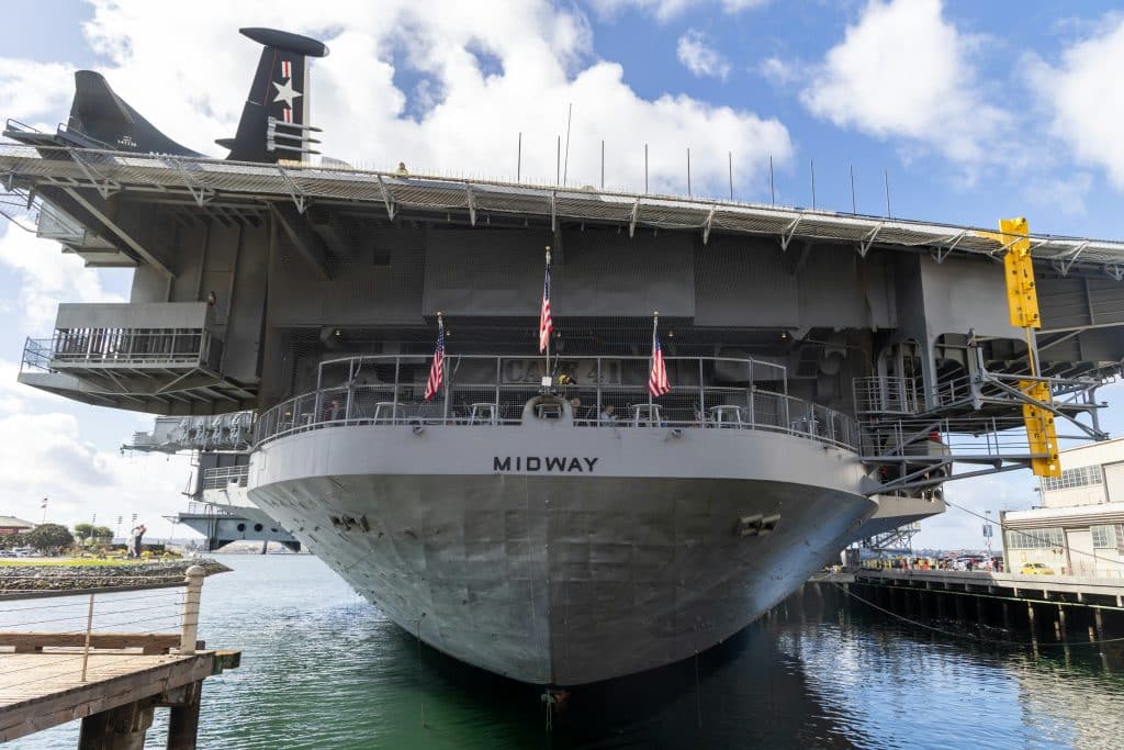 View of the USS Midway aircraft carrier docked in San Diego Harbor.
