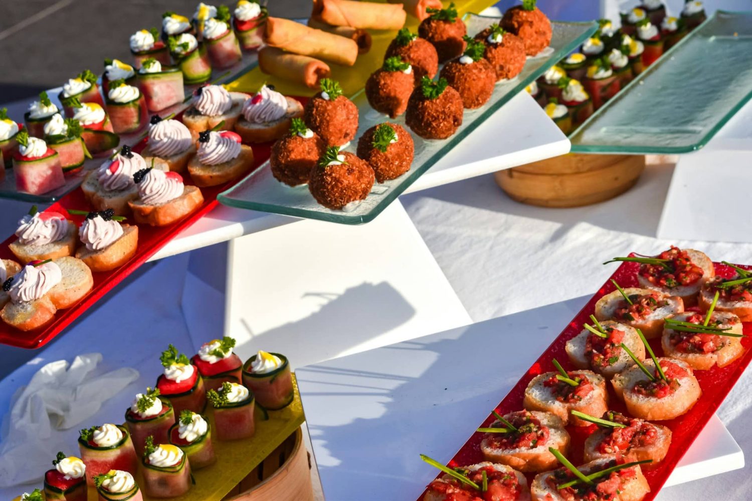 Dozens of gourmet appetizers at tasting. California wine festivals.