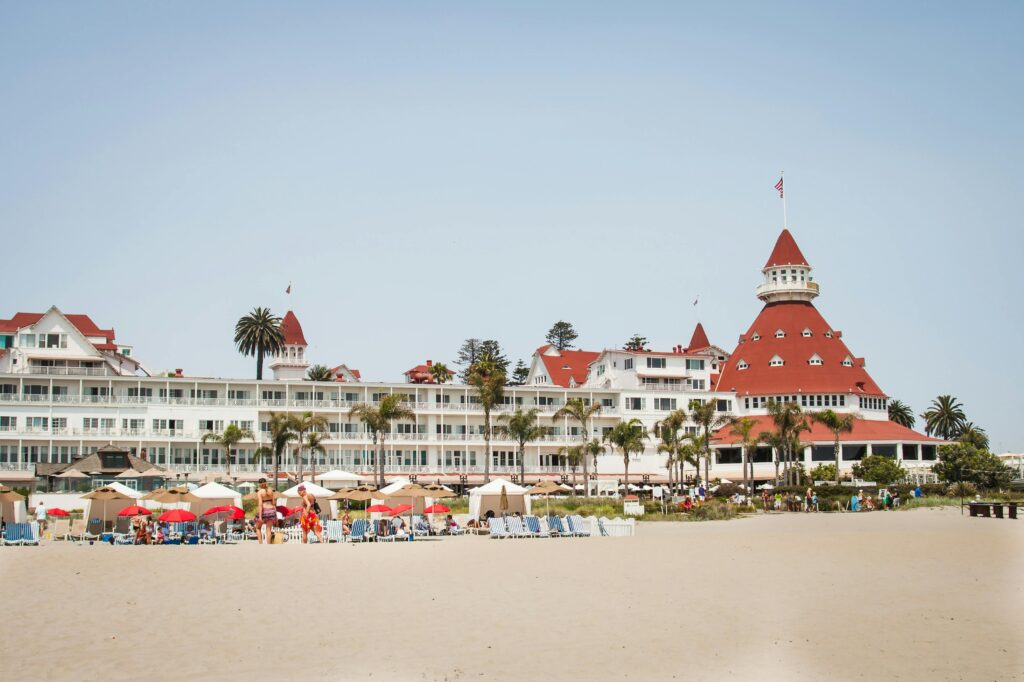 Wooden hotel along the beach.