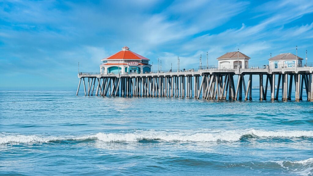 A beach pier in the afternoon.