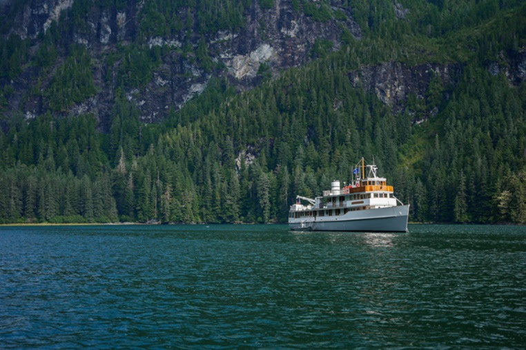 boat with mountain forest in background
