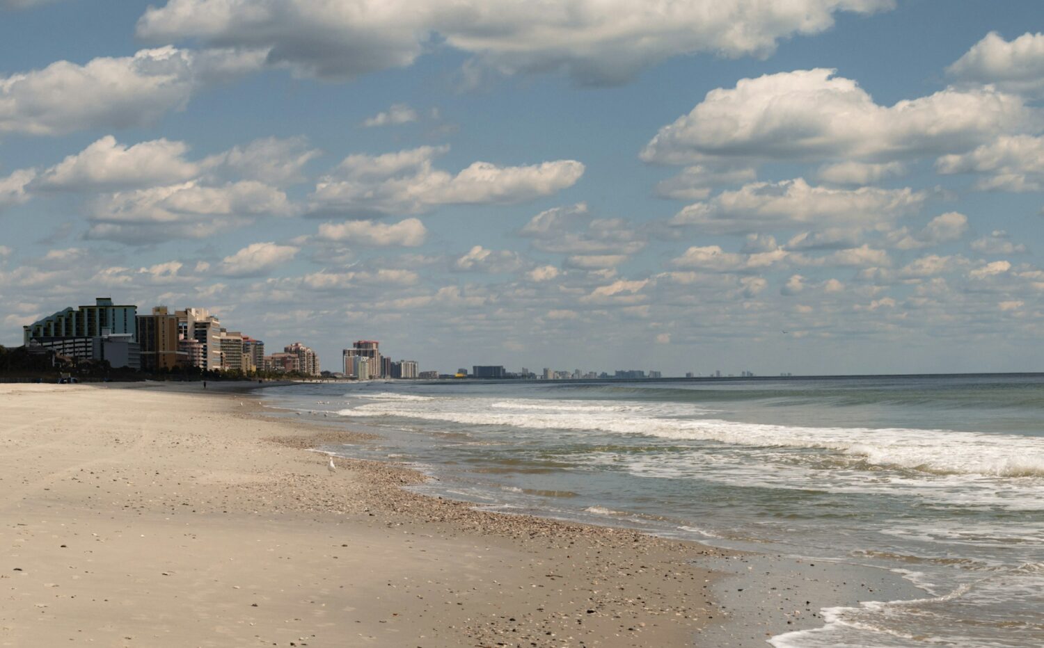 Myrtle Beach, north end, view of the skyline. Best oceanfront family resorts in Myrtle Beach.