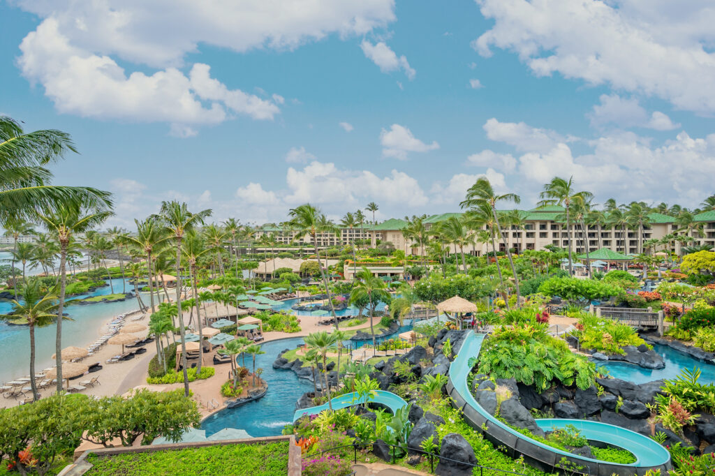 pools and waterslides in lush tropical setting