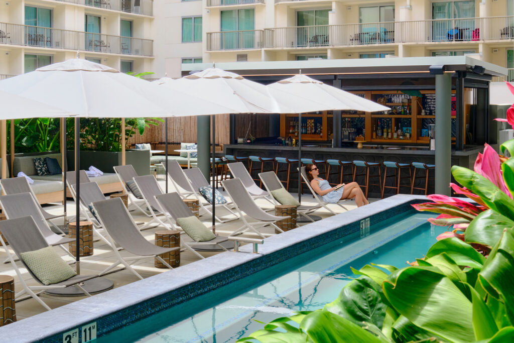 Pool with loune chairs and umbrellas